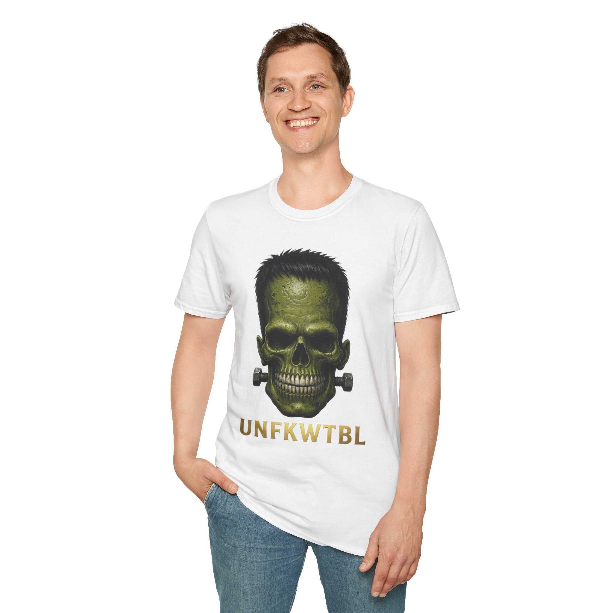 Frankenstein Skull T-Shirt — Green Horror Graphic Tee with 'UNFKWTBL'