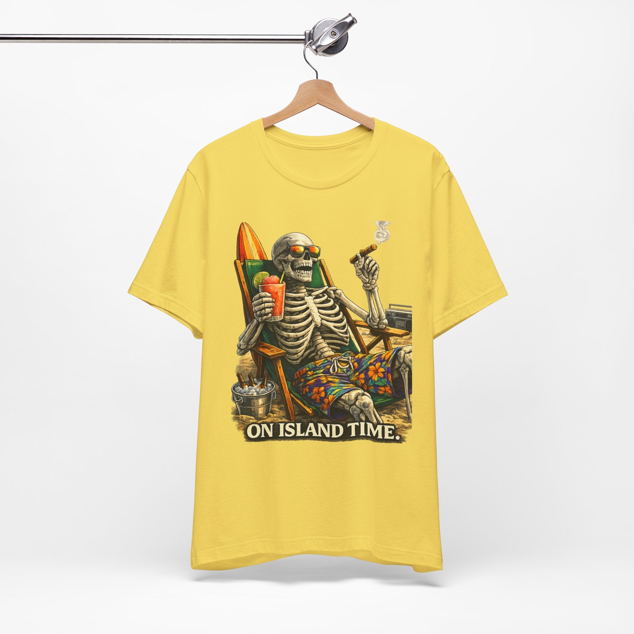 Skeleton Beach Tee — "On Island Time" Tropical Skull Vacation T-Shirt