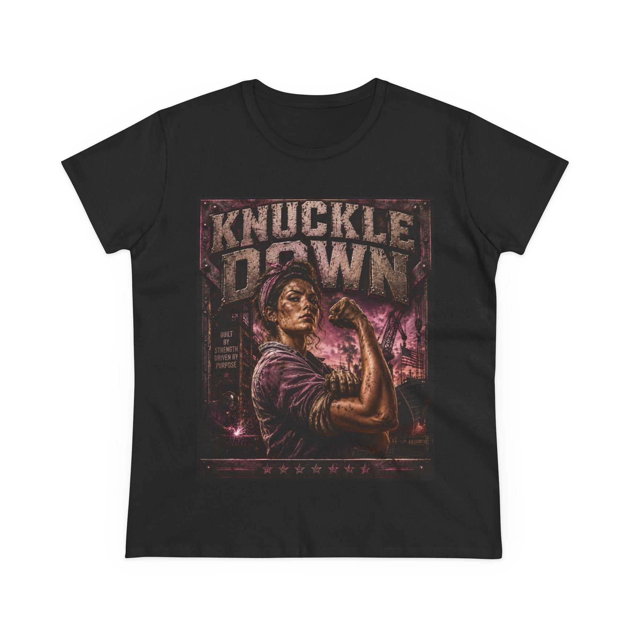 Knuckle Down Women's T‑Shirt featuring bold Rosie-inspired empowerment graphic and distressed vintage look