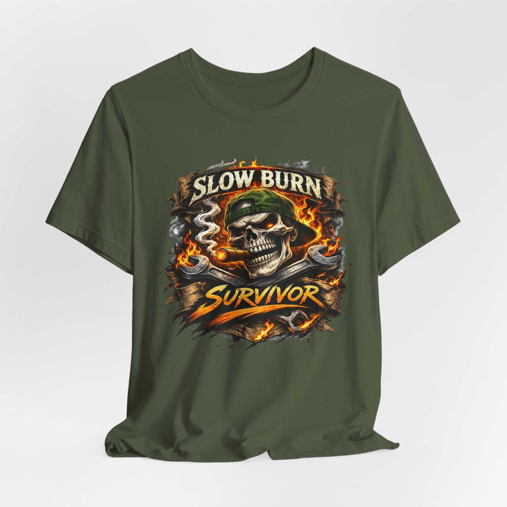 Slow Burn Survivor T‑Shirt — Skull Flame Vintage Motorcycle Tee