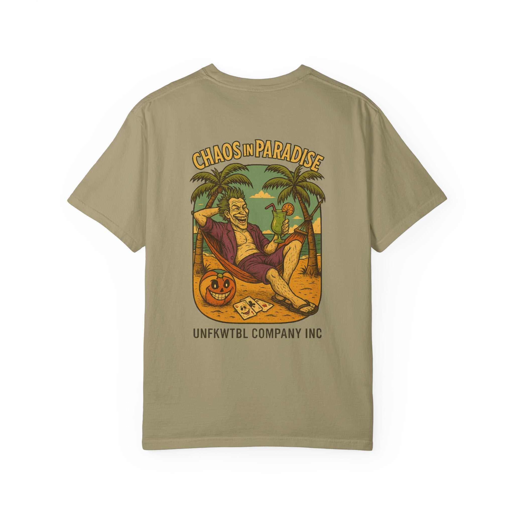 Unisex tropical humor t-shirt with vibrant island print, casual summer beachwear and vacation attire