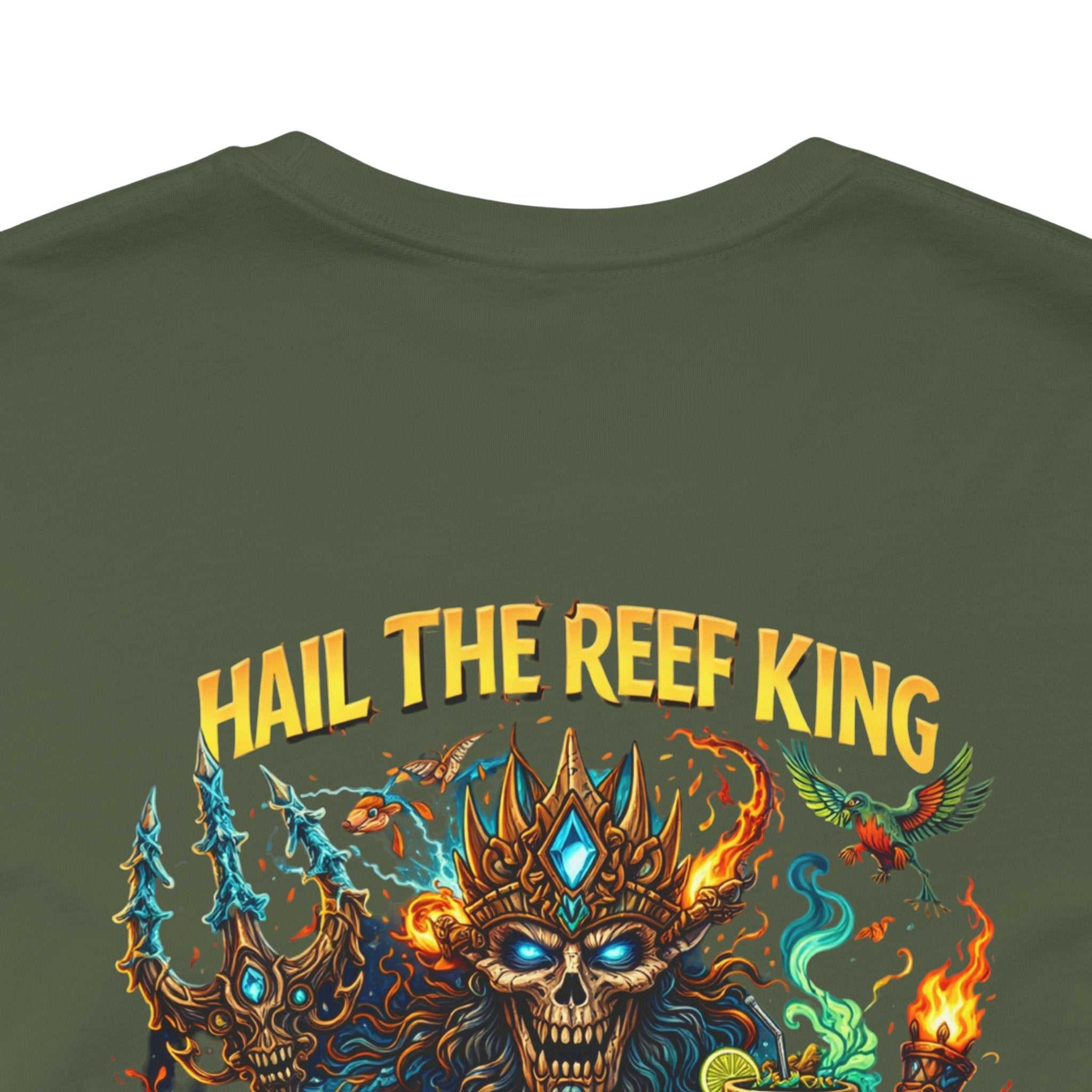 Hail the Reef King T-shirt featuring mythic sea king and coral reef graphic on soft cotton tee