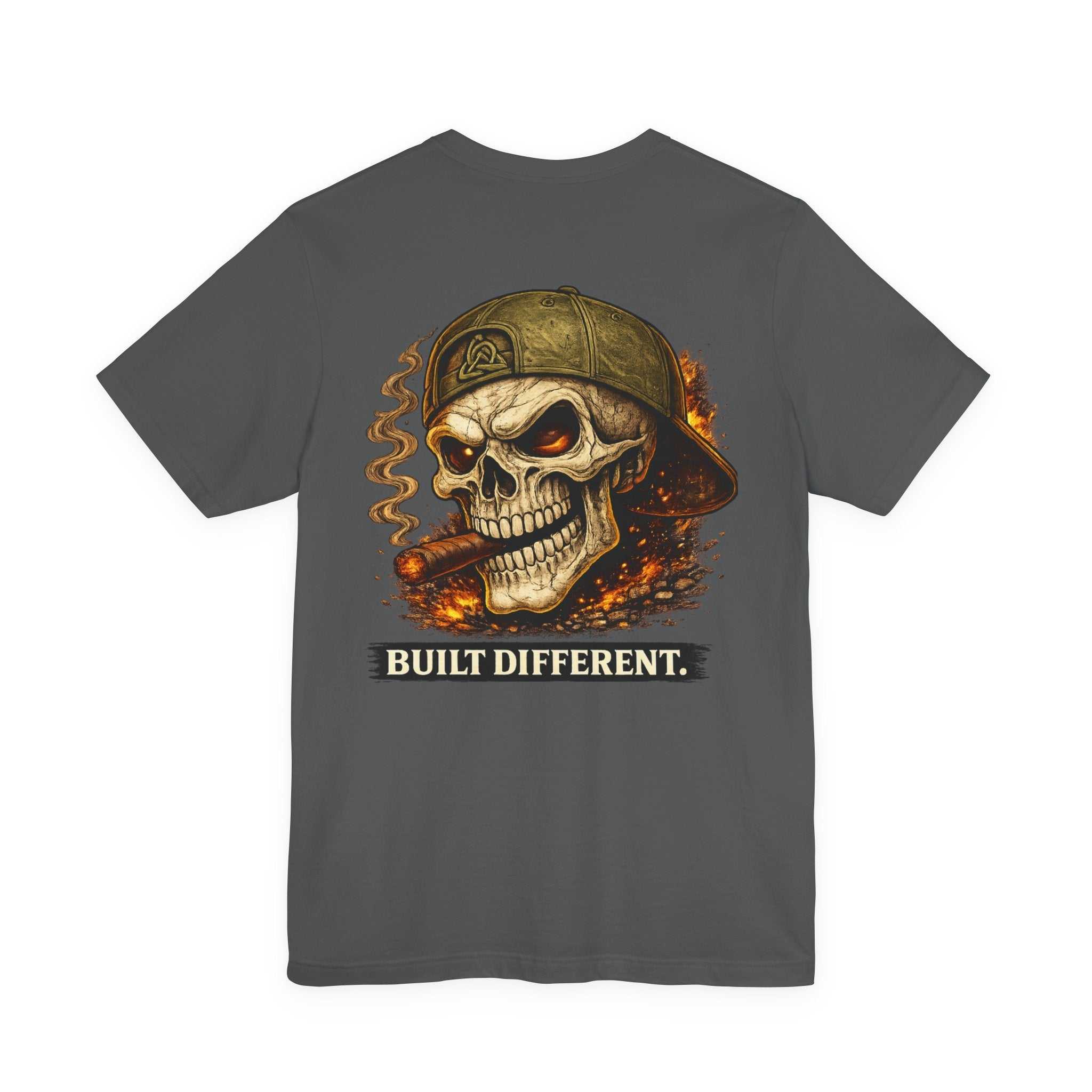 Built Different Skull Tee black t-shirt with bold skull graphic and "BUILT DIFFERENT" text, biker and rock style