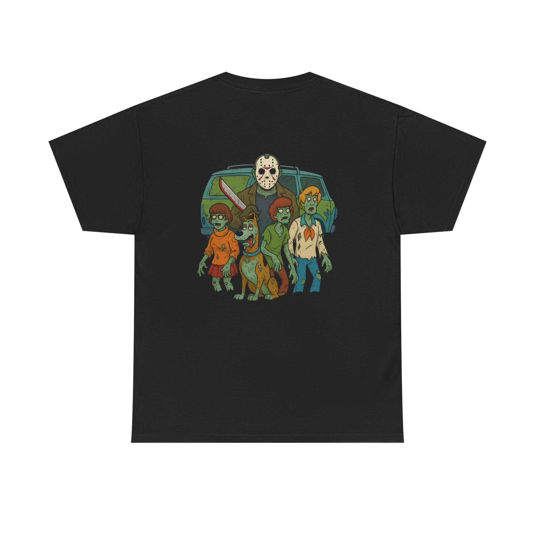 Jason Voorhees hanging with Mystery Crew graphic on black cotton T-shirt