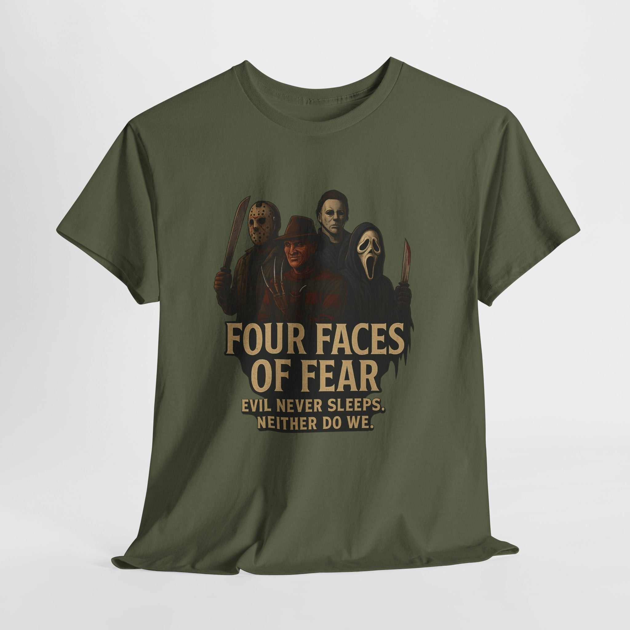 Horror Villains Tee featuring faces of Michael, Freddy, Jason, and Ghostface on unisex black T-shirt