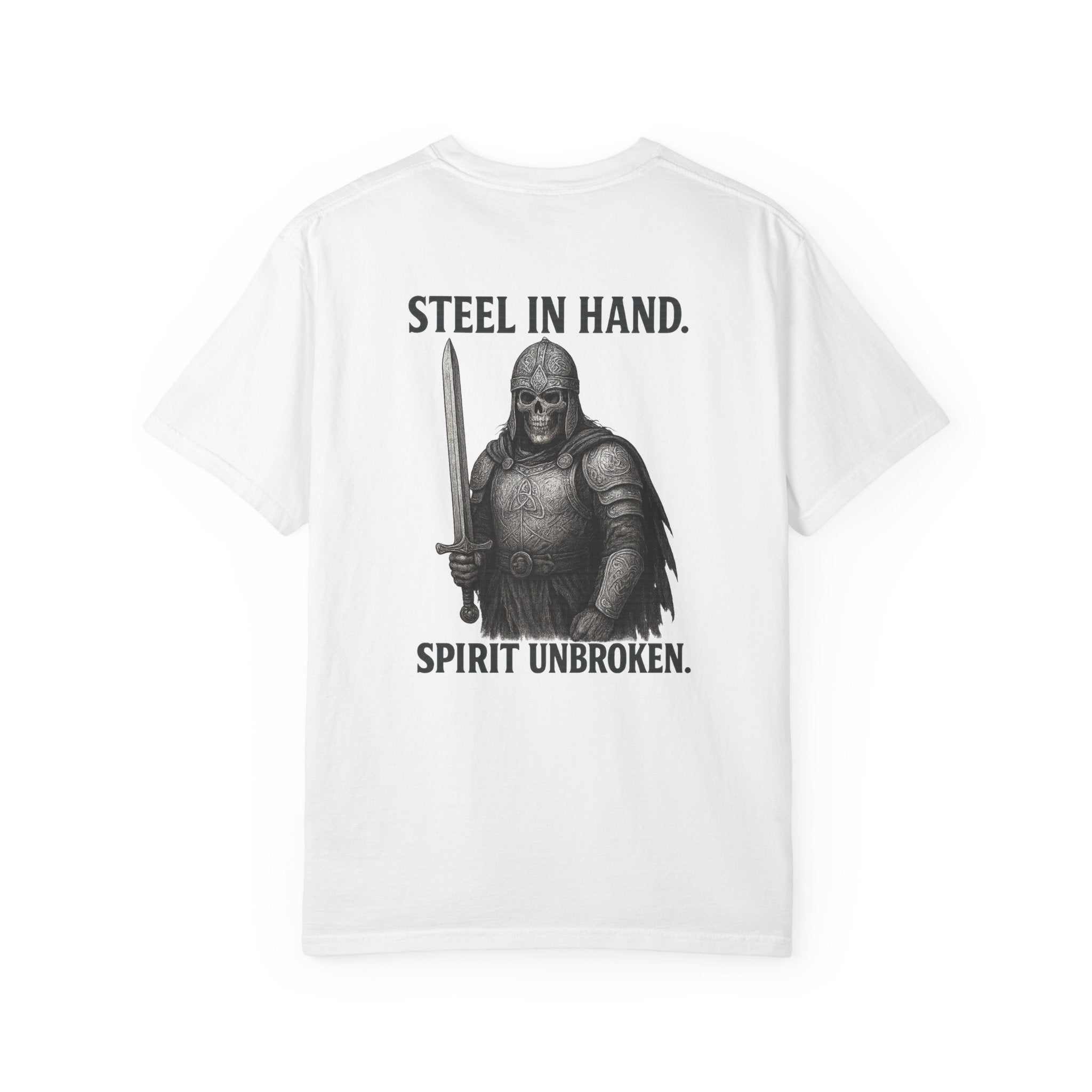 Garment-dyed t-shirt with Celtic warrior fallen battle design on soft US cotton fabric