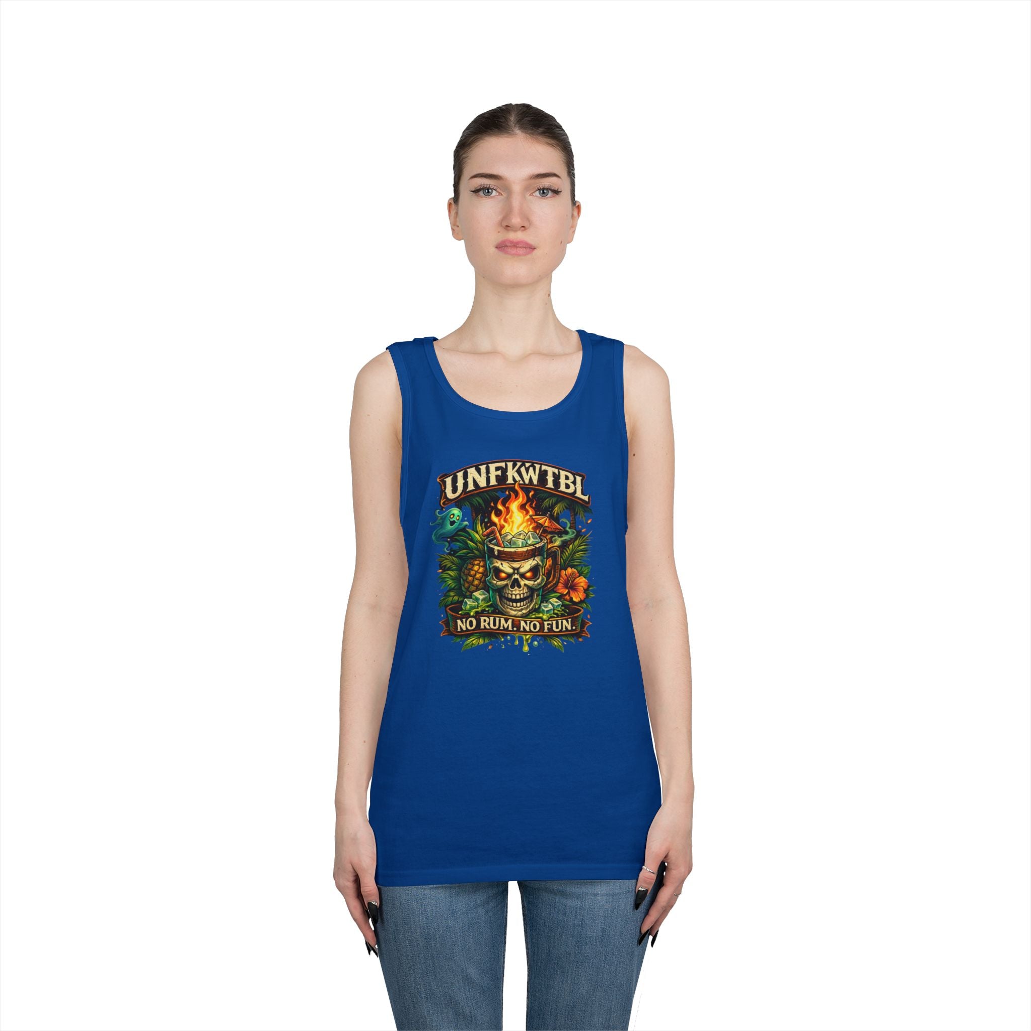 Tiki Skull Tank Top — “No Rum, No Fun” Tropical Beach Party Graphic Tank