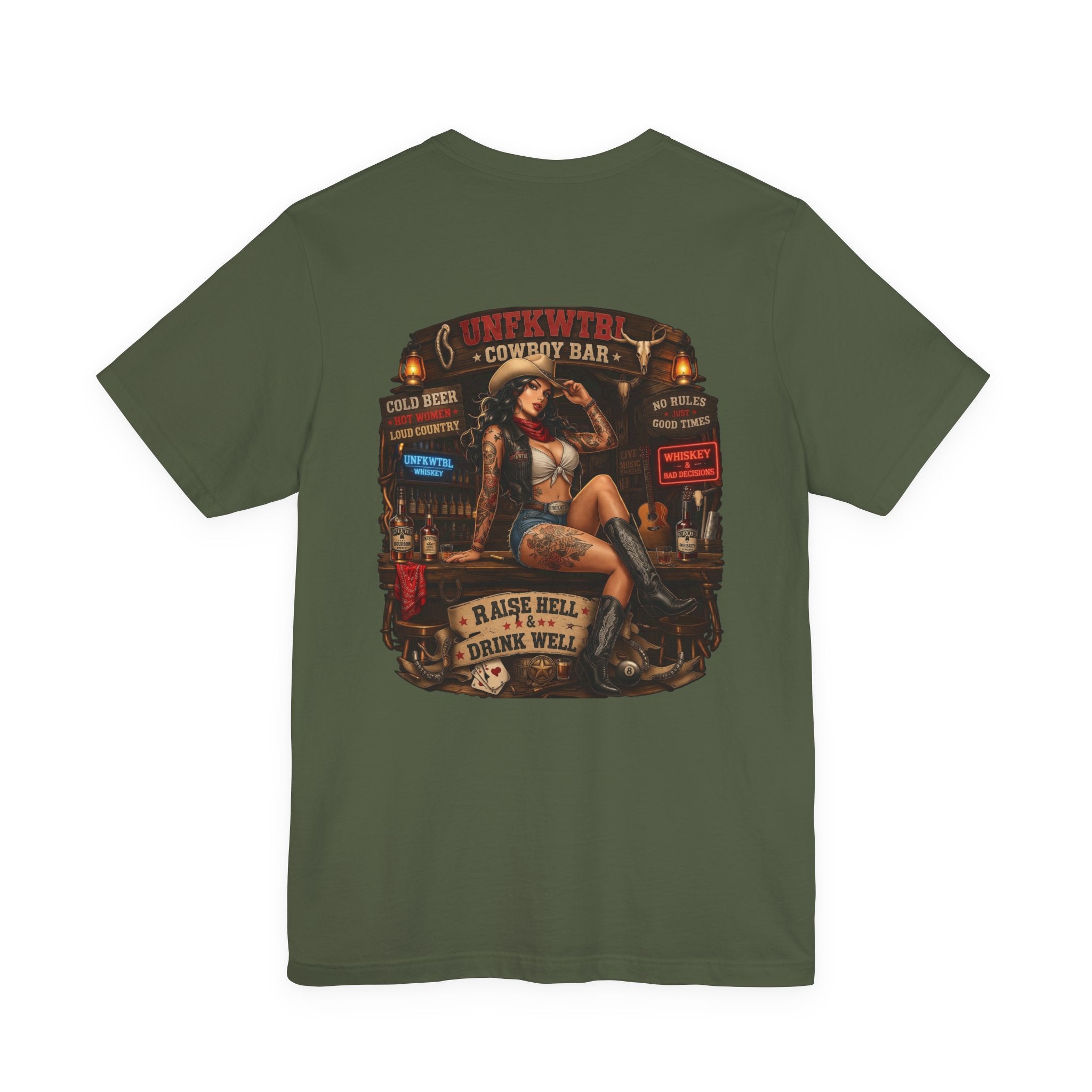 Biker Bar Graphic Tee — "Raise Hell, Drink Well" Vintage Pinup T-Shirt
