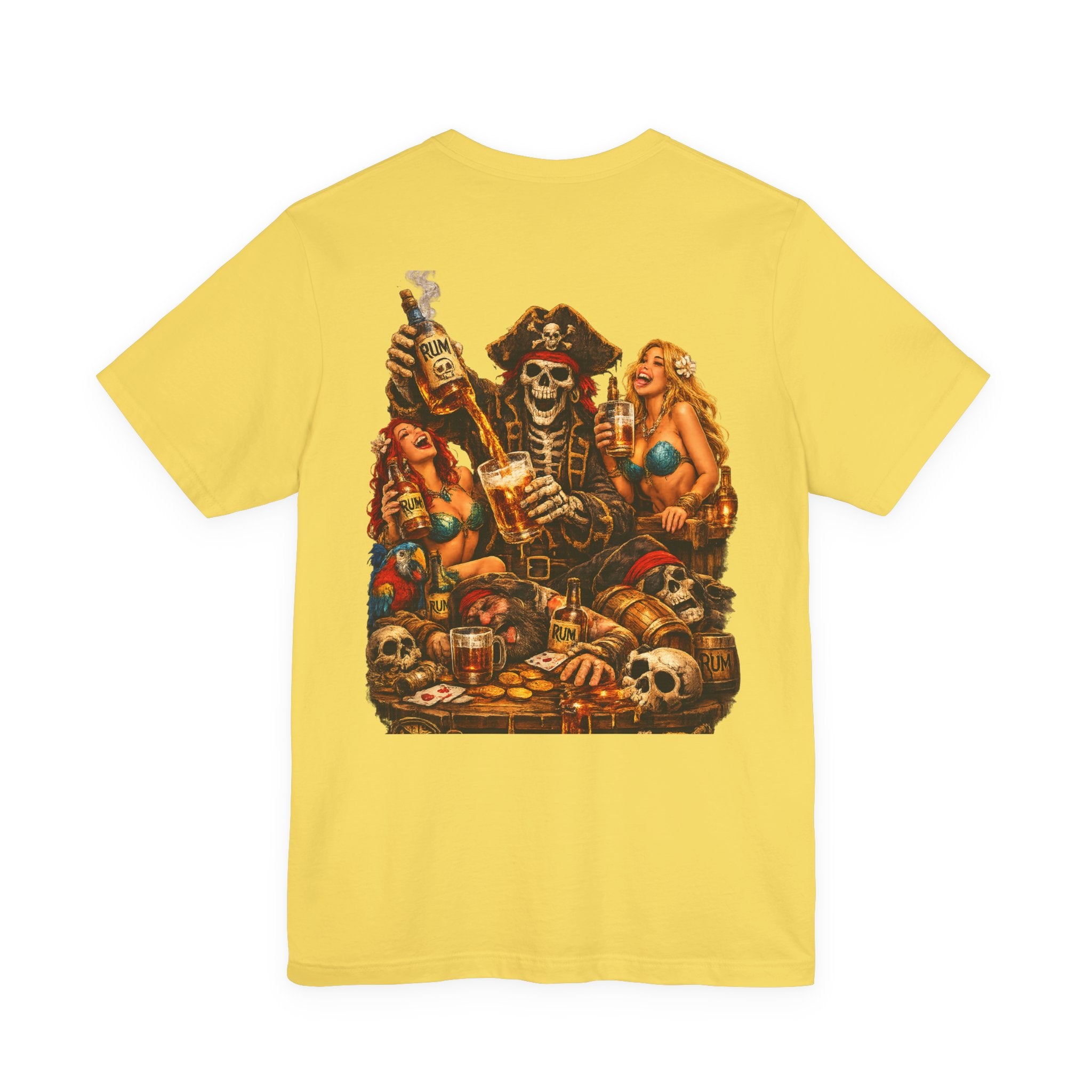 Pirate Skull Treasure Chest Tee — Skeleton Buccaneer Drinking Design