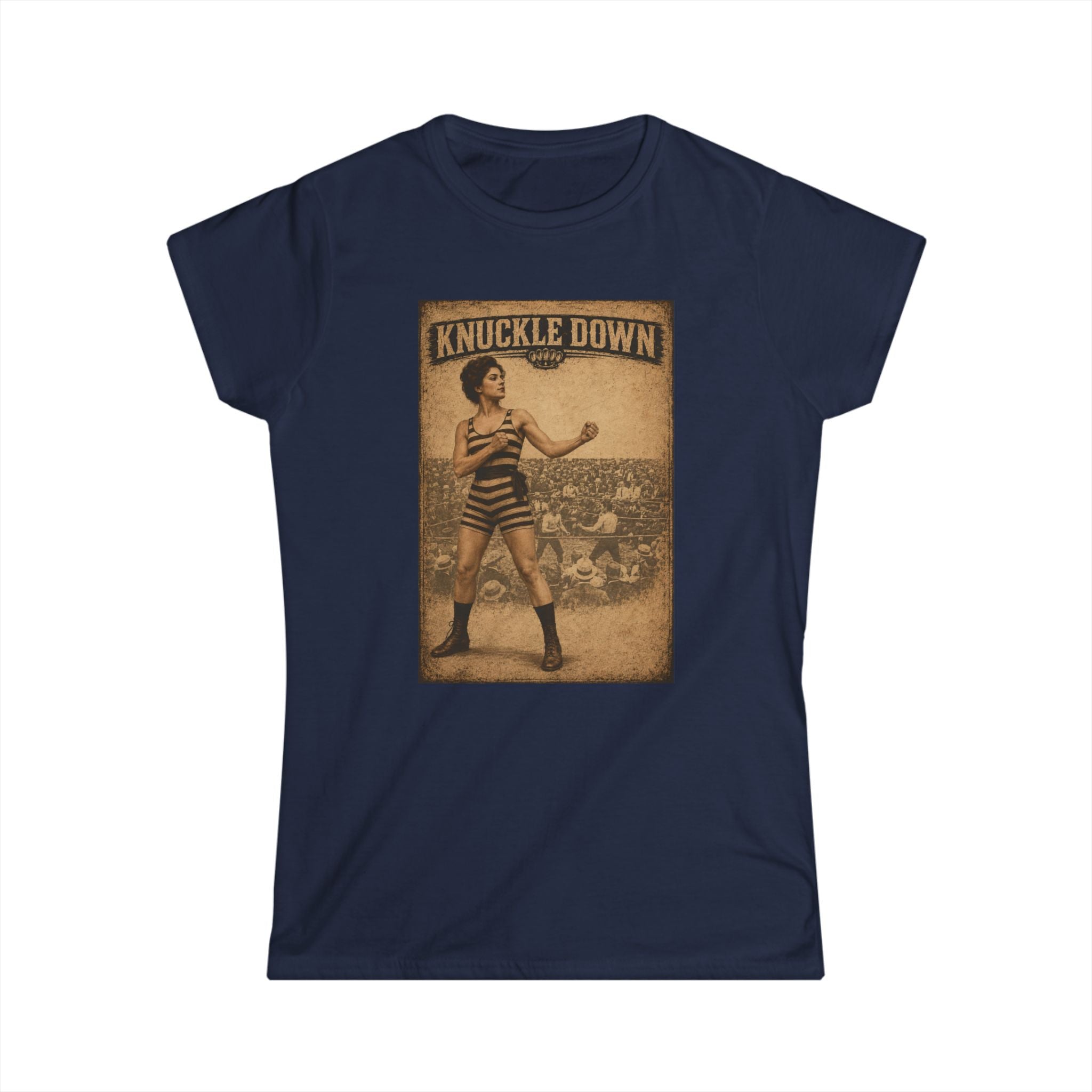 Knuckle Down Vintage Strongwoman Tee – Retro Circus Boxing Graphic Shirt for Women