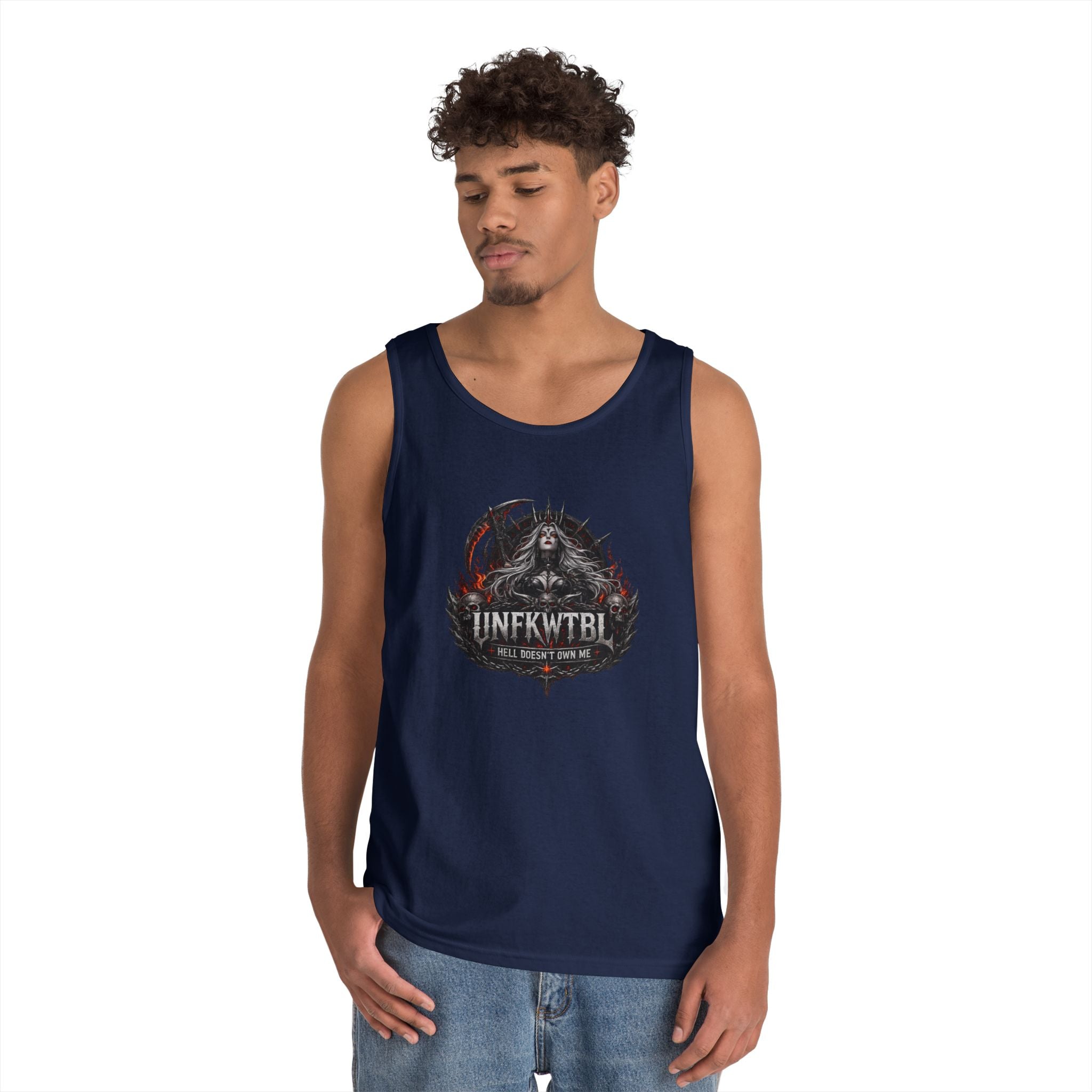 Gothic Skull Emblem Tank Top — 'UNFKWTBL' Dark Metal Graphic