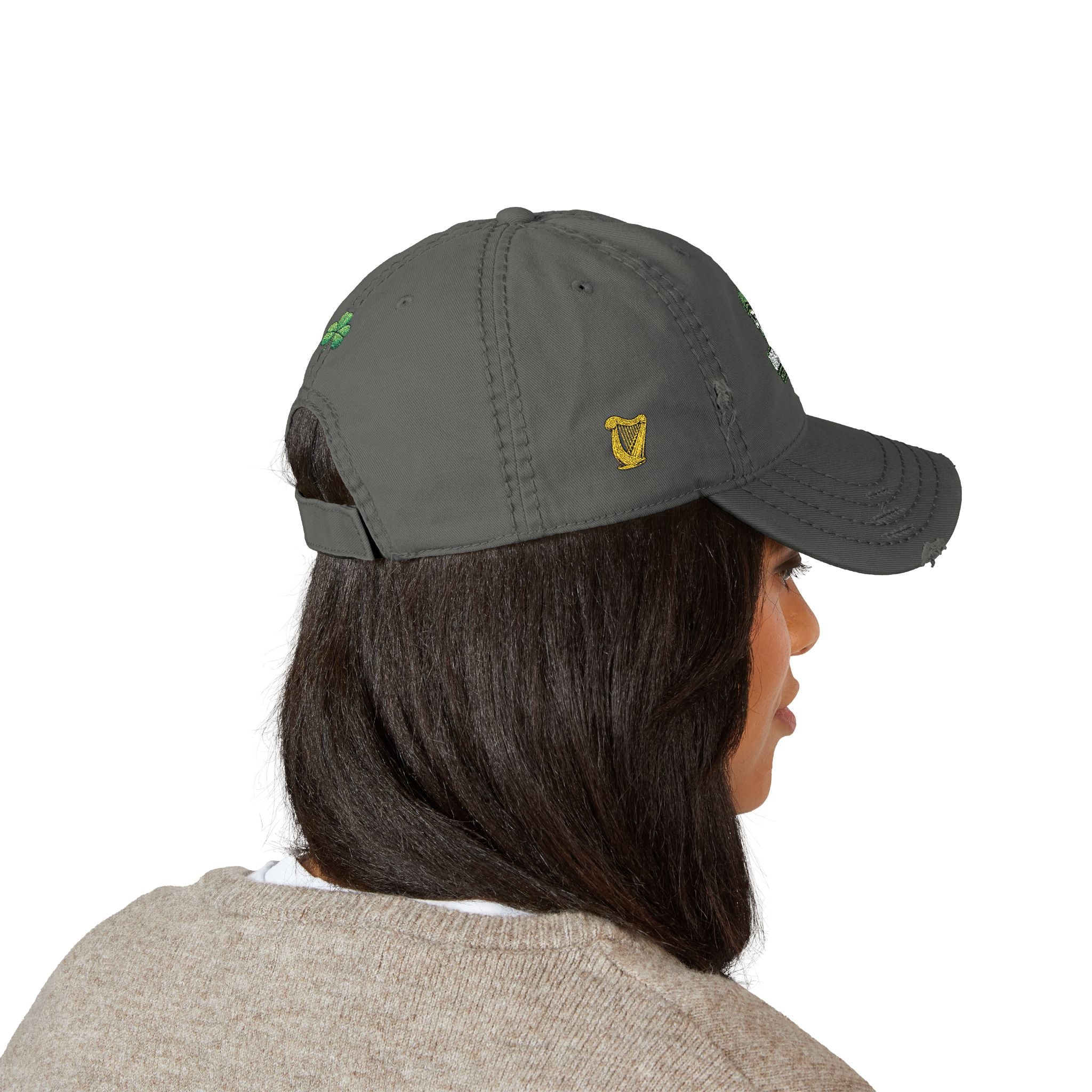 Distressed Embroidered Dad Hat — Green Skull & Shamrock "UNFRWTBL"