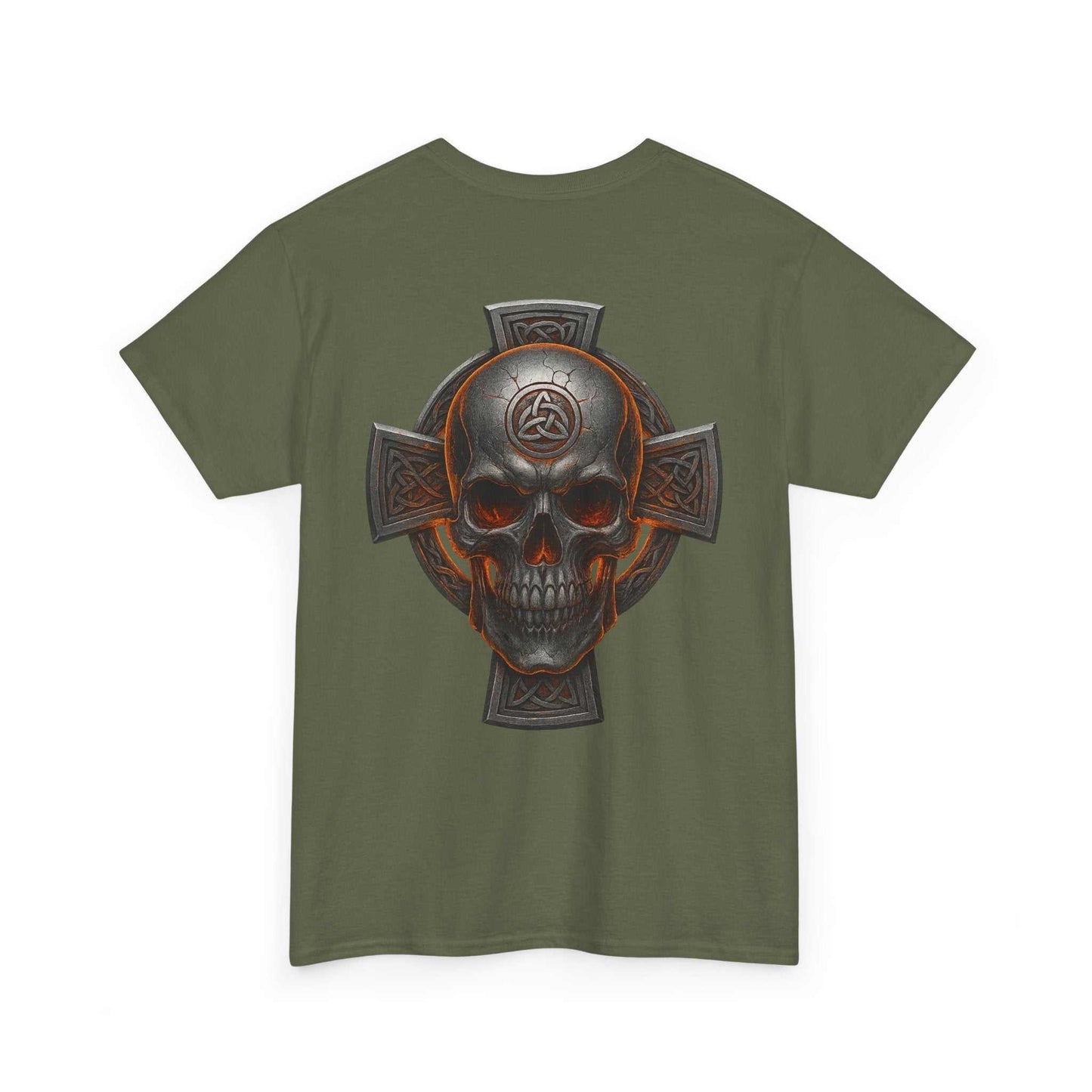 Celtic Skull Unisex Tee with heritage-inspired skull and cross design on olive green fabric
