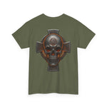 Celtic Skull Unisex Tee with heritage-inspired skull and cross design on olive green fabric