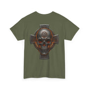 Celtic Skull Unisex Tee with heritage-inspired skull and cross design on olive green fabric