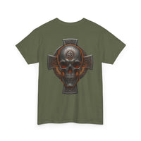 Celtic Skull Unisex Tee with heritage-inspired skull and cross design on olive green fabric