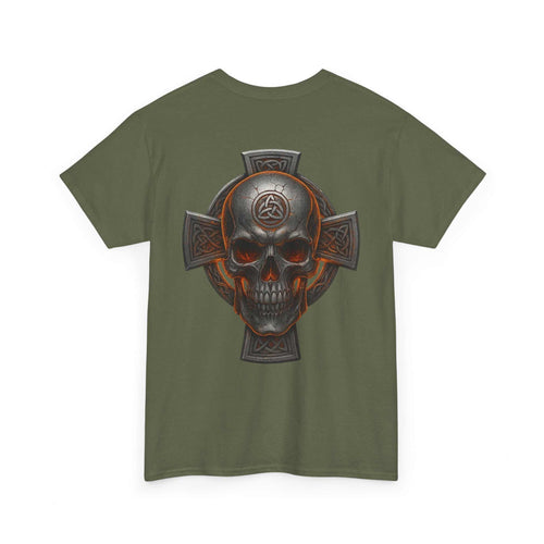 Celtic Skull Unisex Tee with heritage-inspired skull and cross design on olive green fabric