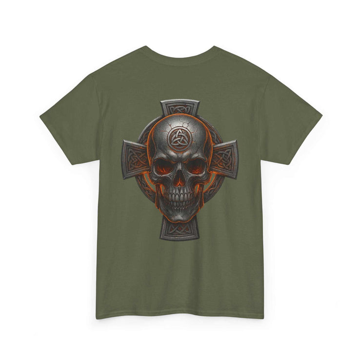 Celtic Skull Unisex Tee with heritage-inspired skull and cross design on olive green fabric