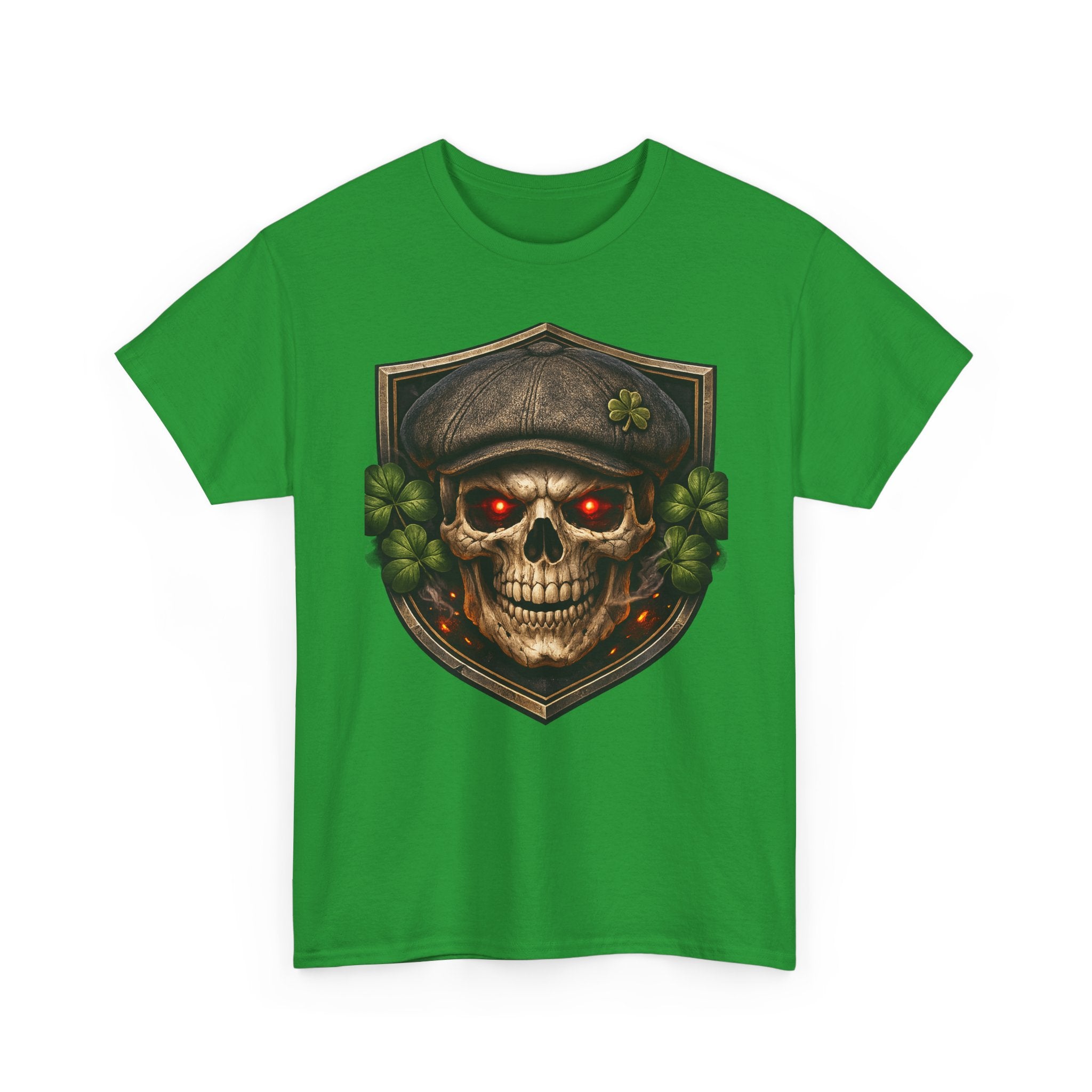 Skull & Shamrock Tee — Celtic Pirate Skull Shirt with Red-Eye Skeleton and Clover Badge