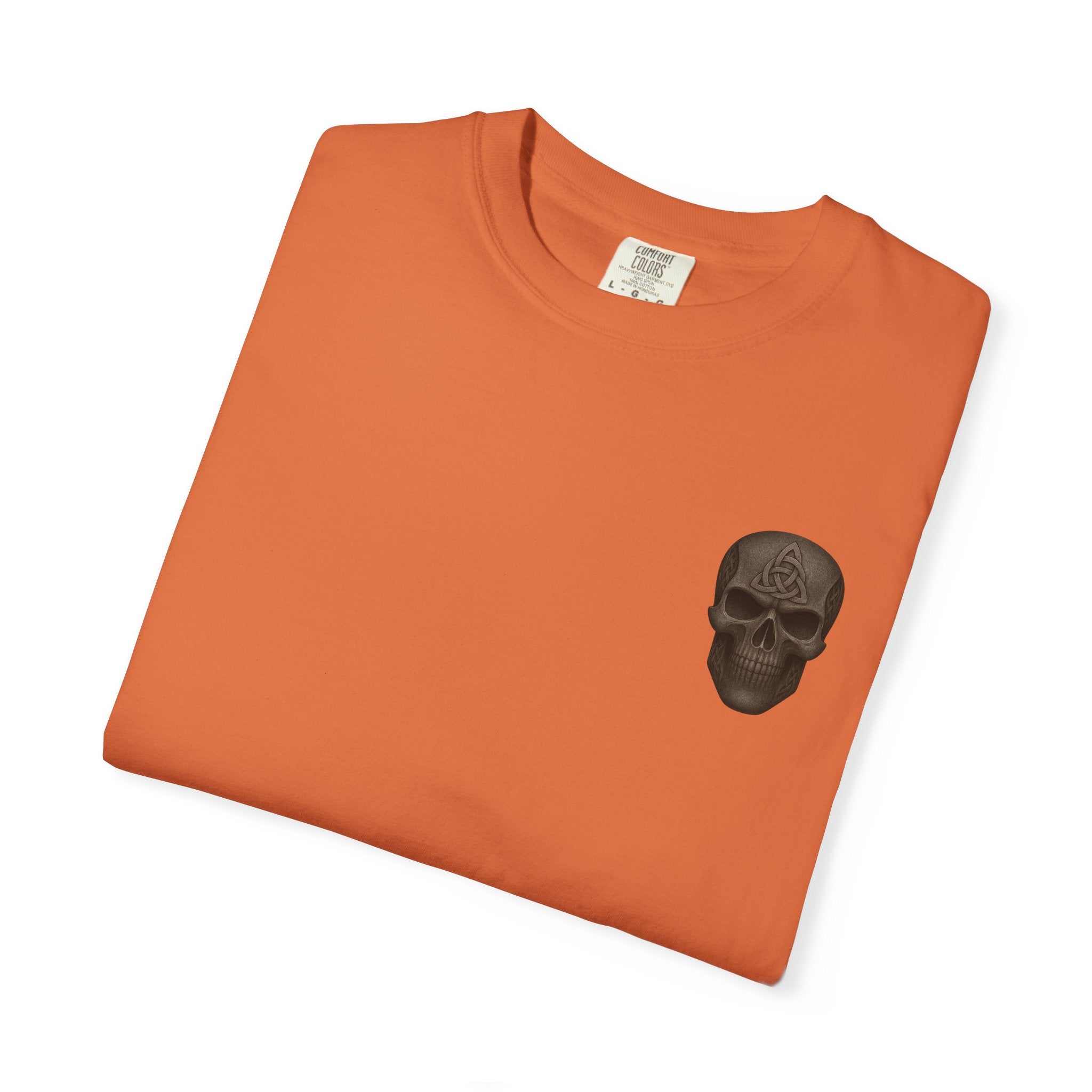 Unisex orange Spooky Pumpkin Punch T-Shirt with black skull graphic, vintage Halloween design, cotton fabric, folded view
