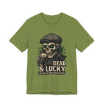 Dead & Lucky Skull Tee with grinning skull graphic and vintage-style flat cap design on lightweight cotton shirt