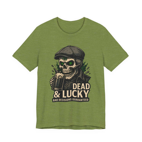 Dead & Lucky Skull Tee with grinning skull graphic and vintage-style flat cap design on lightweight cotton shirt