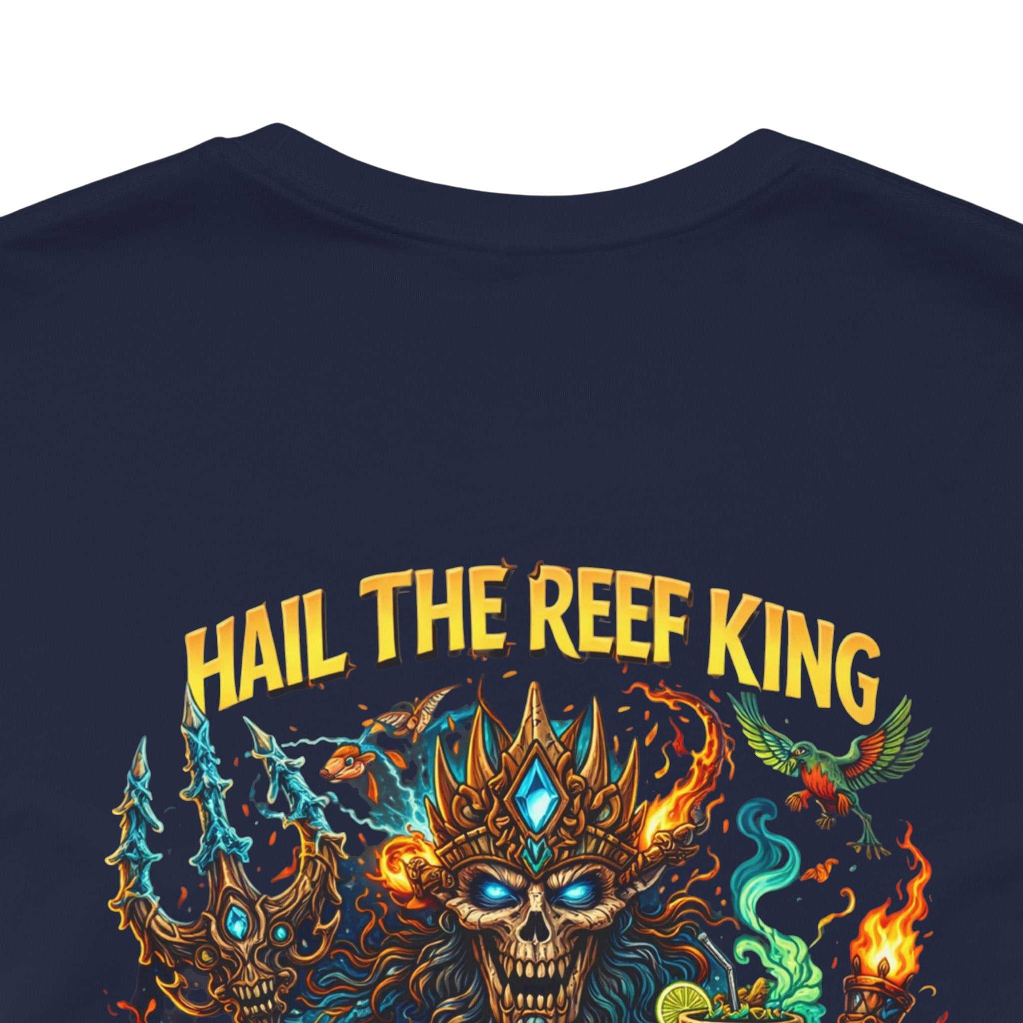 Hail the Reef King fantasy sea king graphic t-shirt with coral reef and trident design