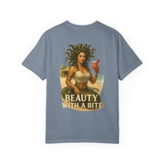 Medusa Beauty T-shirt with Strawberry Daiquiri design and "Beauty with a Bite" text on blue unisex tee
