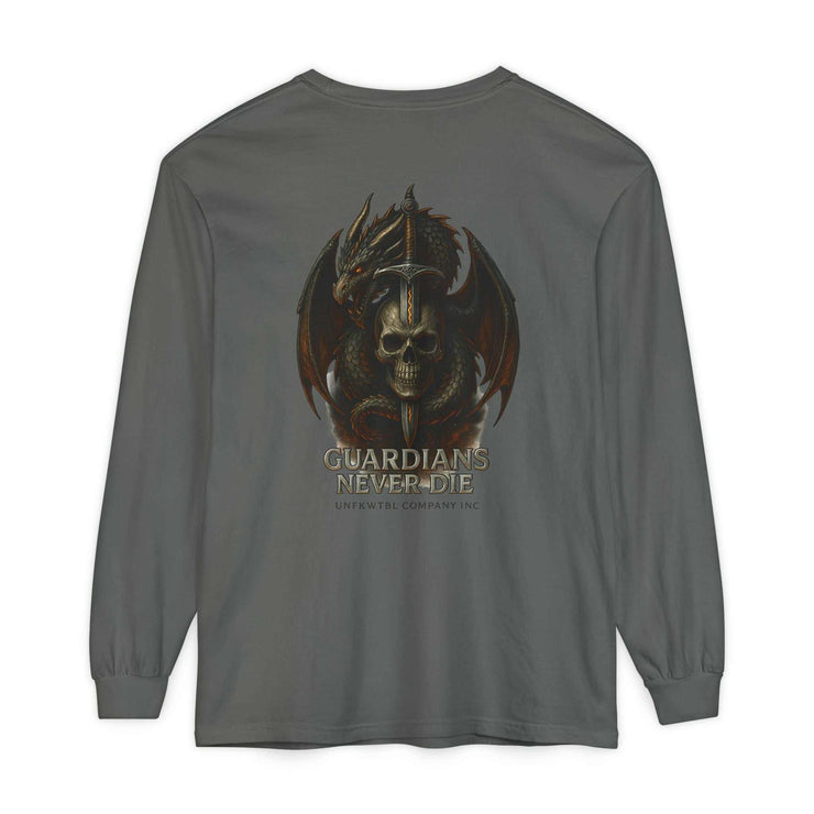 Grey long sleeve Guardian Skull Dragon Sword Tee with skull, dragon, and sword graphic and "Guardians Never Die" text