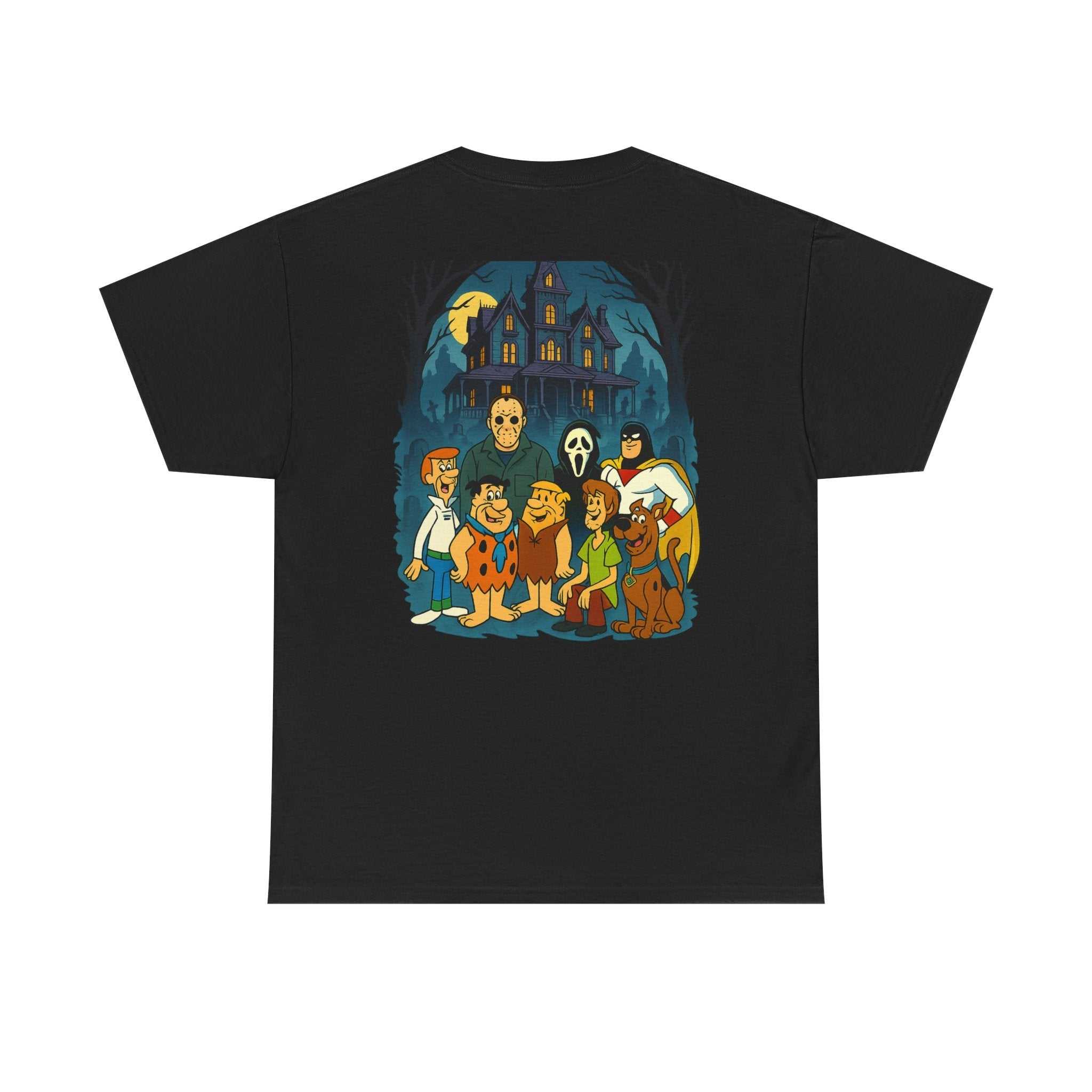 Tee shirt mashup design featuring Saturday morning cartoons and horror legends with size guide table