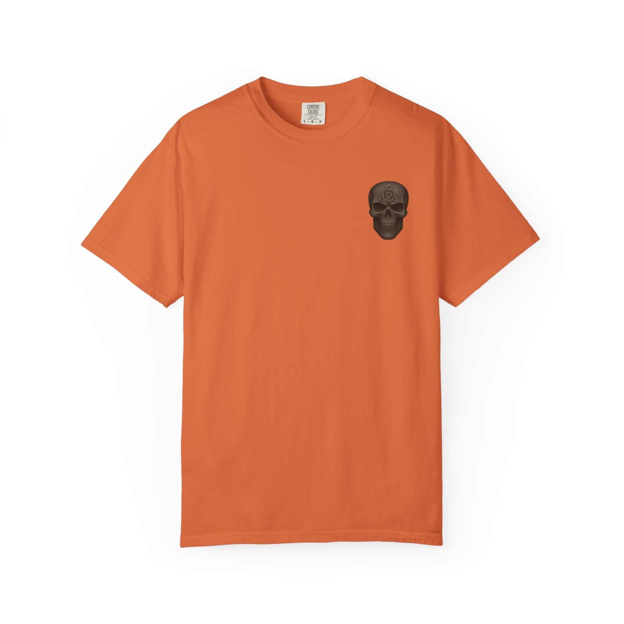 Orange unisex Spooky Pumpkin Punch T-shirt with small black skull graphic on chest, Halloween vintage design, fall festival attire.
