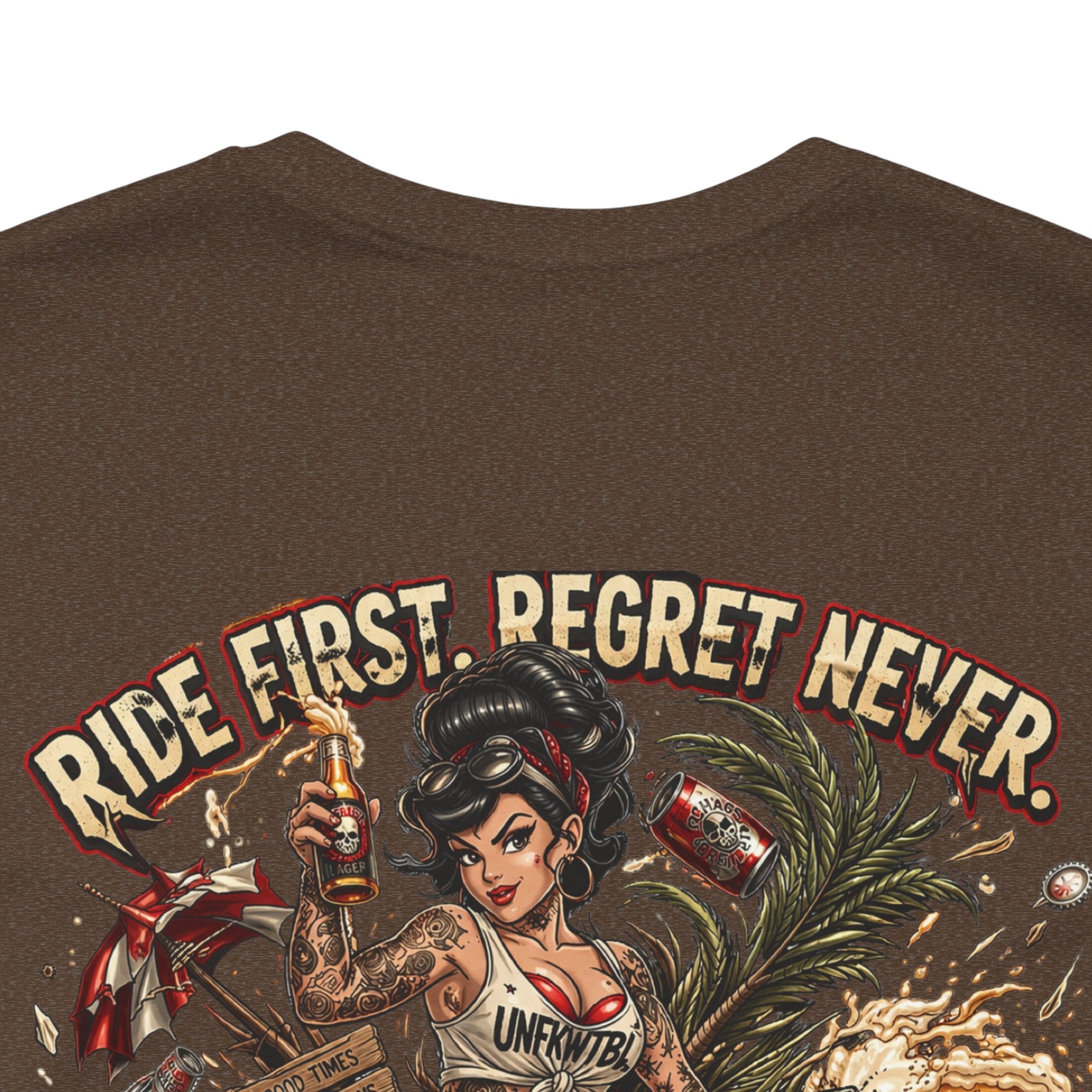 Ride First Regret Never Tee — Vintage Pinup Bomb Girl Motorcycle Graphic Shirt