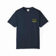 Navy unisex tribute t-shirt with vintage-style graphic and soft garment-dyed fabric