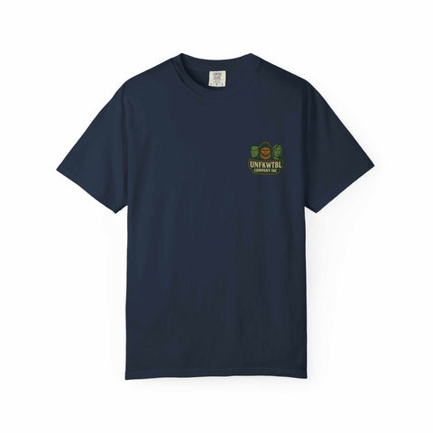 Navy unisex tribute t-shirt with vintage-style graphic and soft garment-dyed fabric