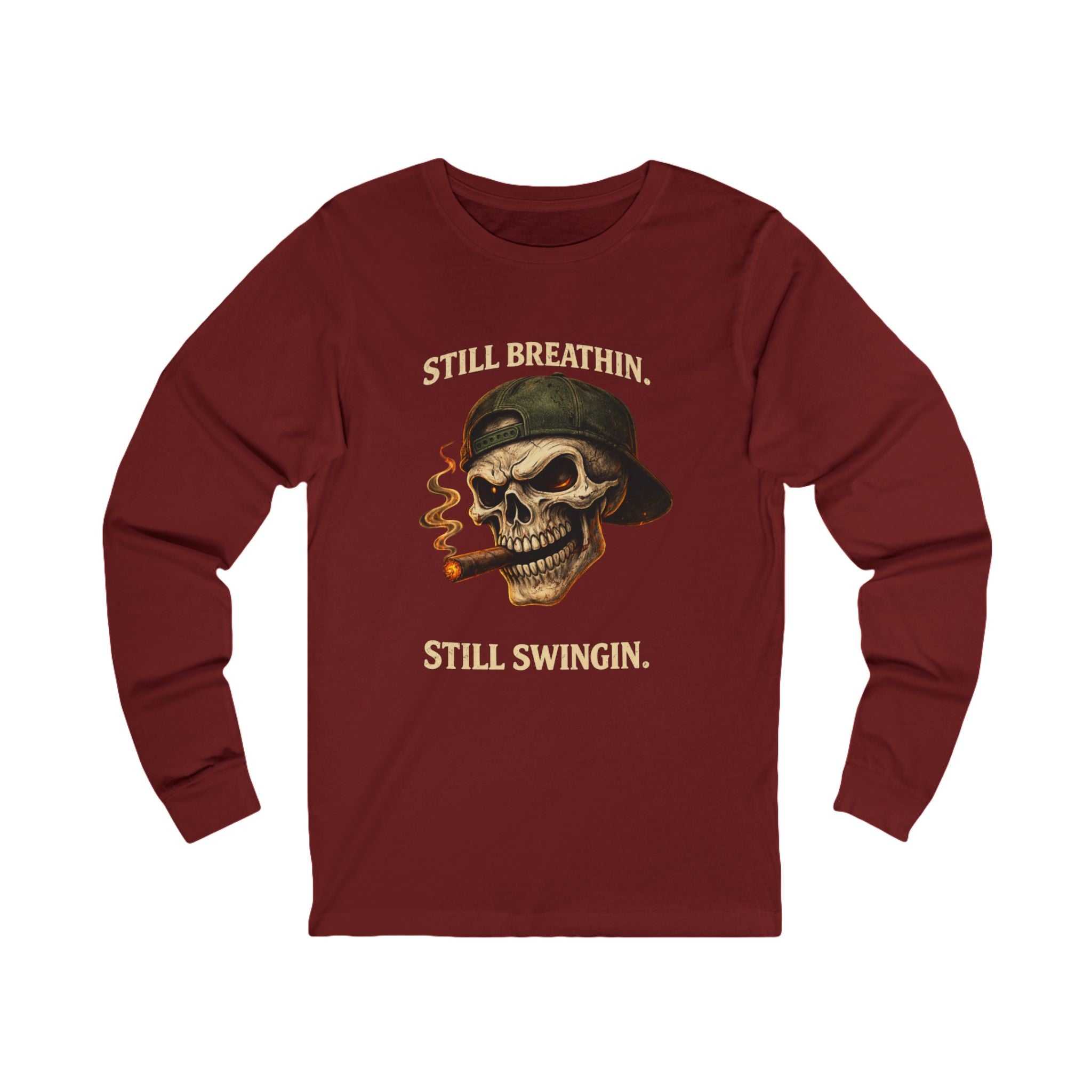 Still Breathin' Still Swingin' long sleeve tee with skull soldier graphic and vintage rock design