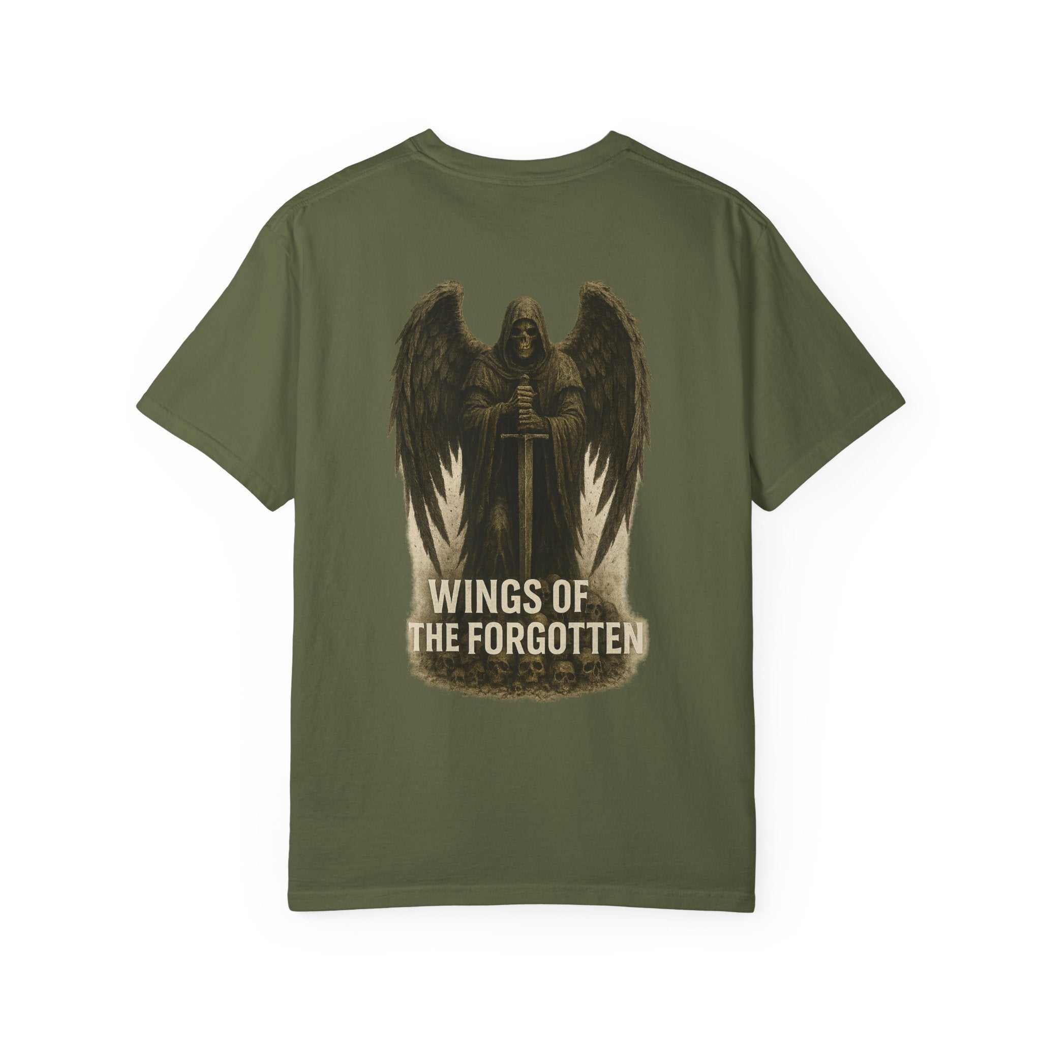 Olive green unisex tee with Death Angel Wings protector design and "Wings of the Forgotten" text on back