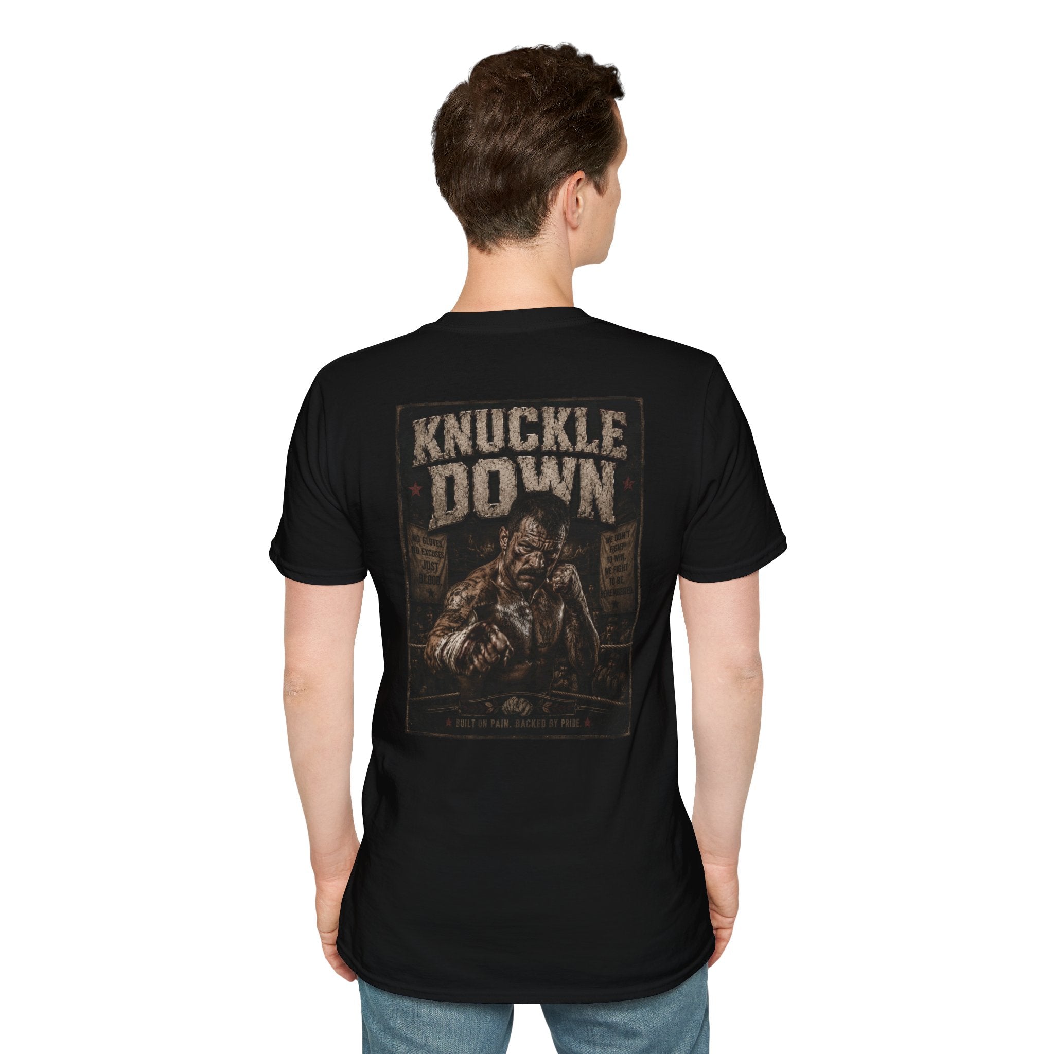 Knuckle Down Tee with retro block letter graphic on white cotton shirt