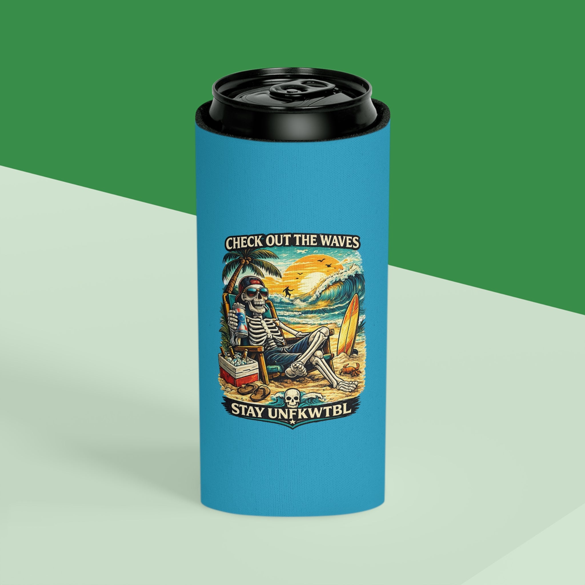 Can Cooler — 'Stay Cold / Check Out the Waves' Surf Skeleton Drink Koozie