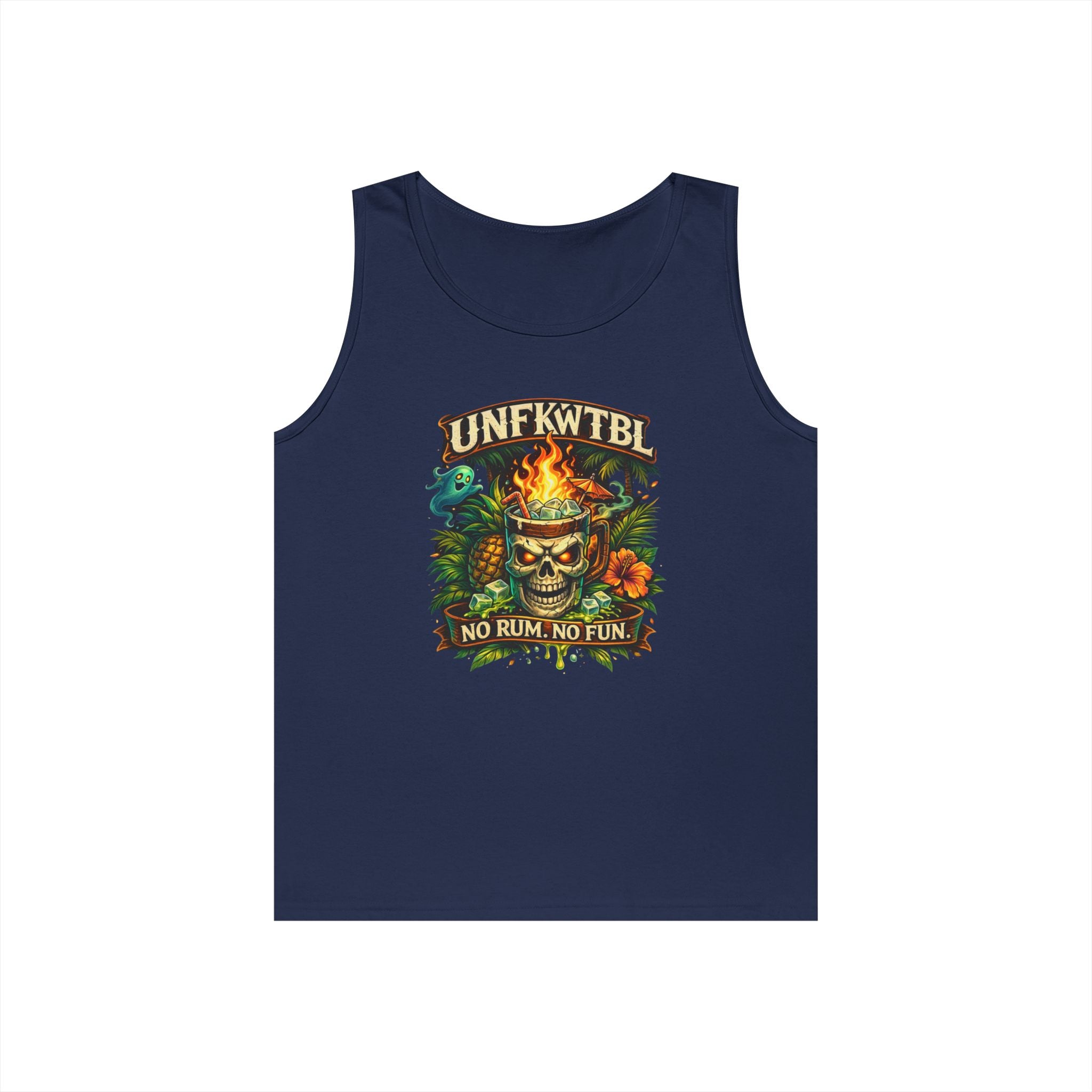 Tiki Skull Tank Top — “No Rum, No Fun” Tropical Beach Party Graphic Tank