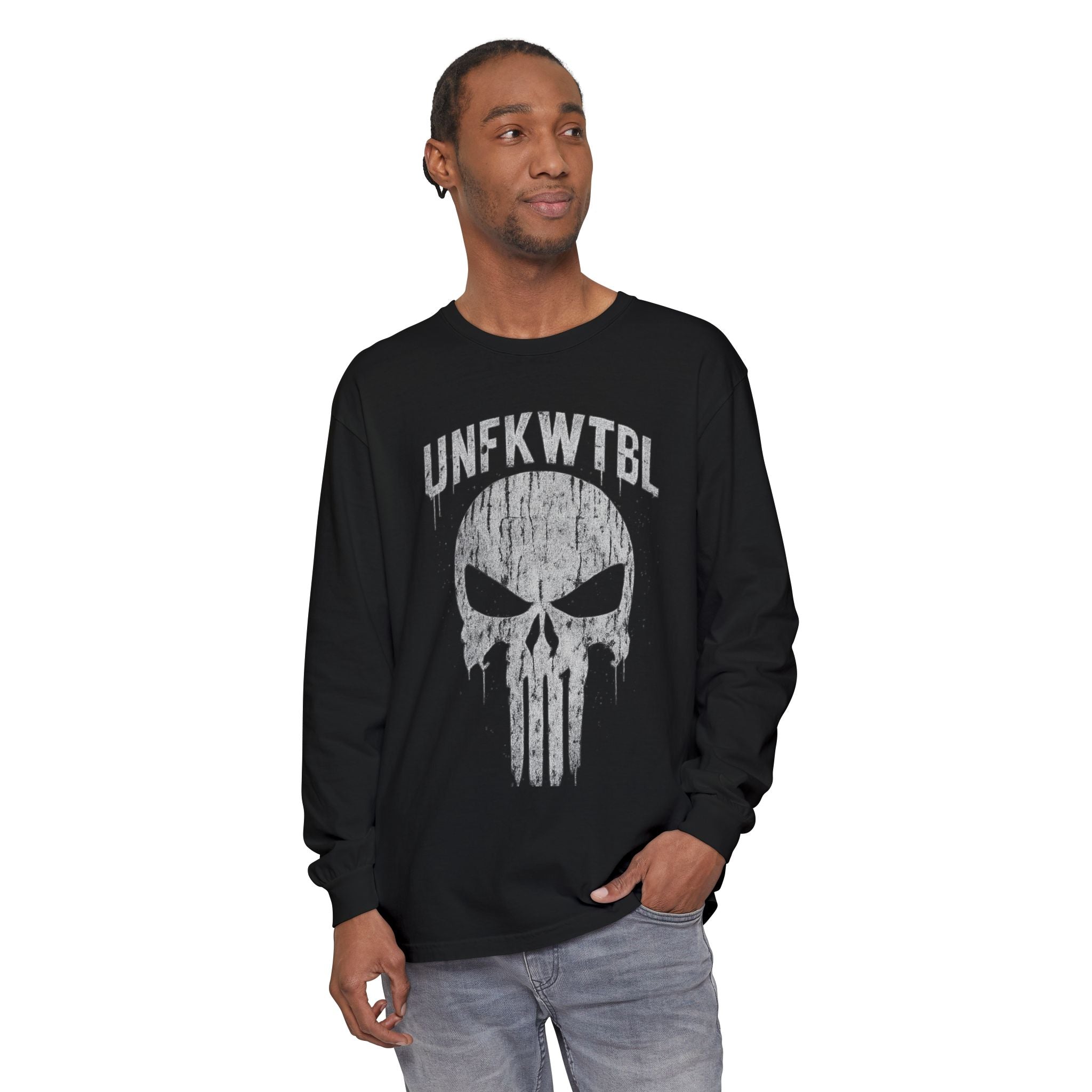 Punisher Skull Long Sleeve Tee — 'UNFKWTBL' Distressed Graphic