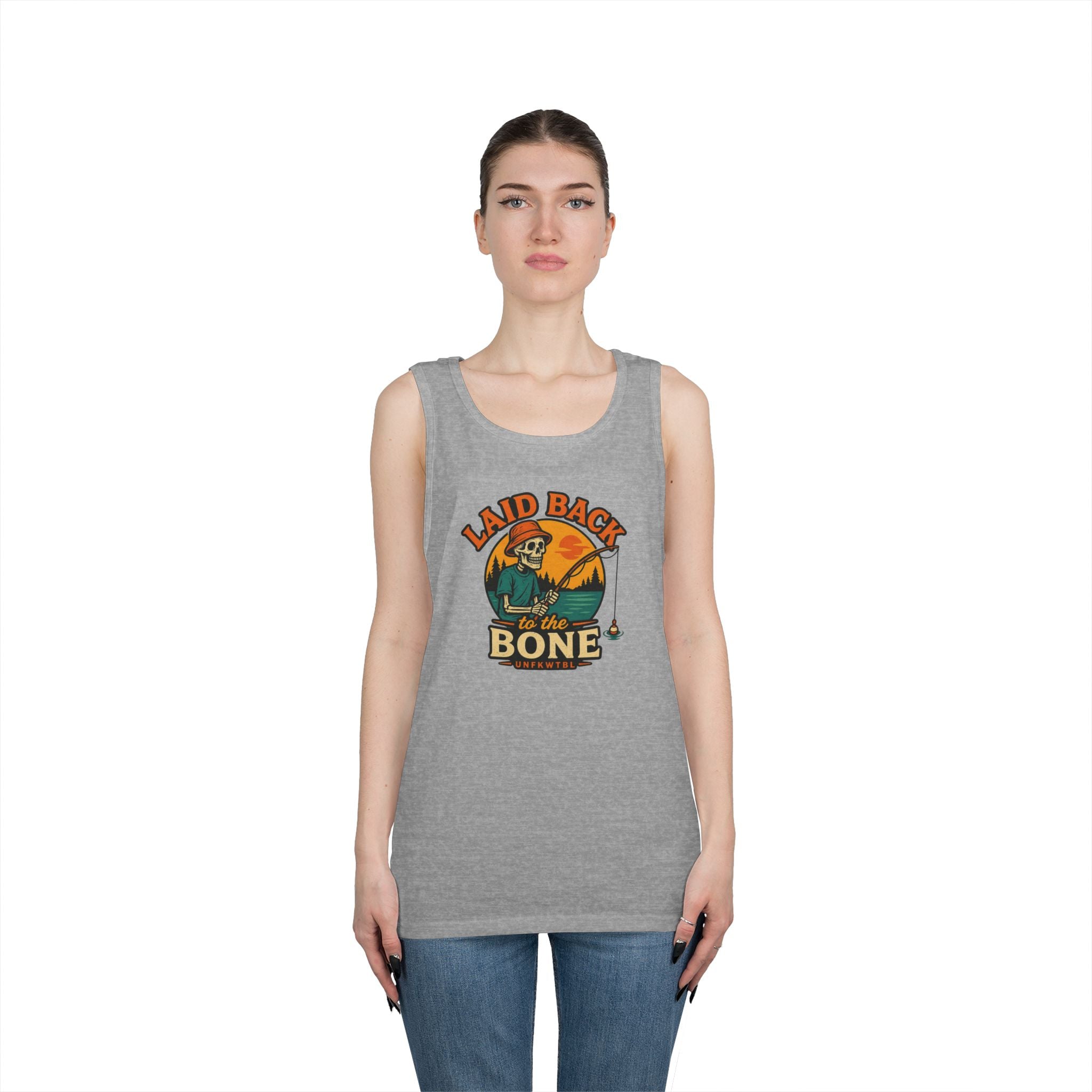 Laid Back to the Bone Tank Top — Retro Skull & Sunset Summer Graphic