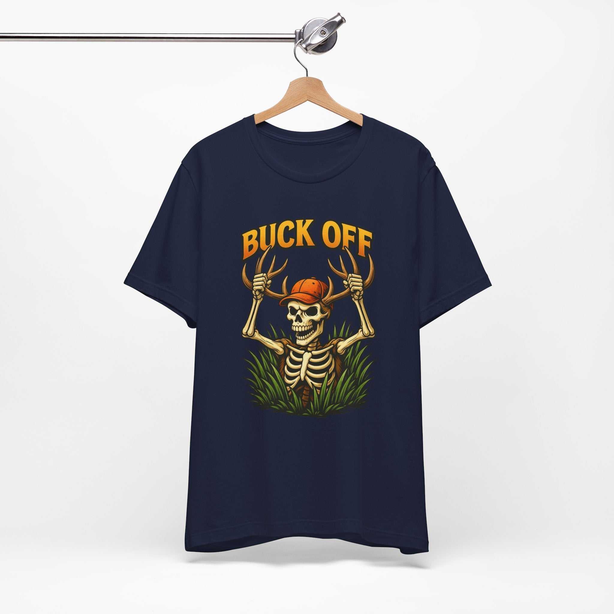 Buck Off Skeleton hunting t-shirt with grinning skeleton and camo design for wildlife enthusiasts