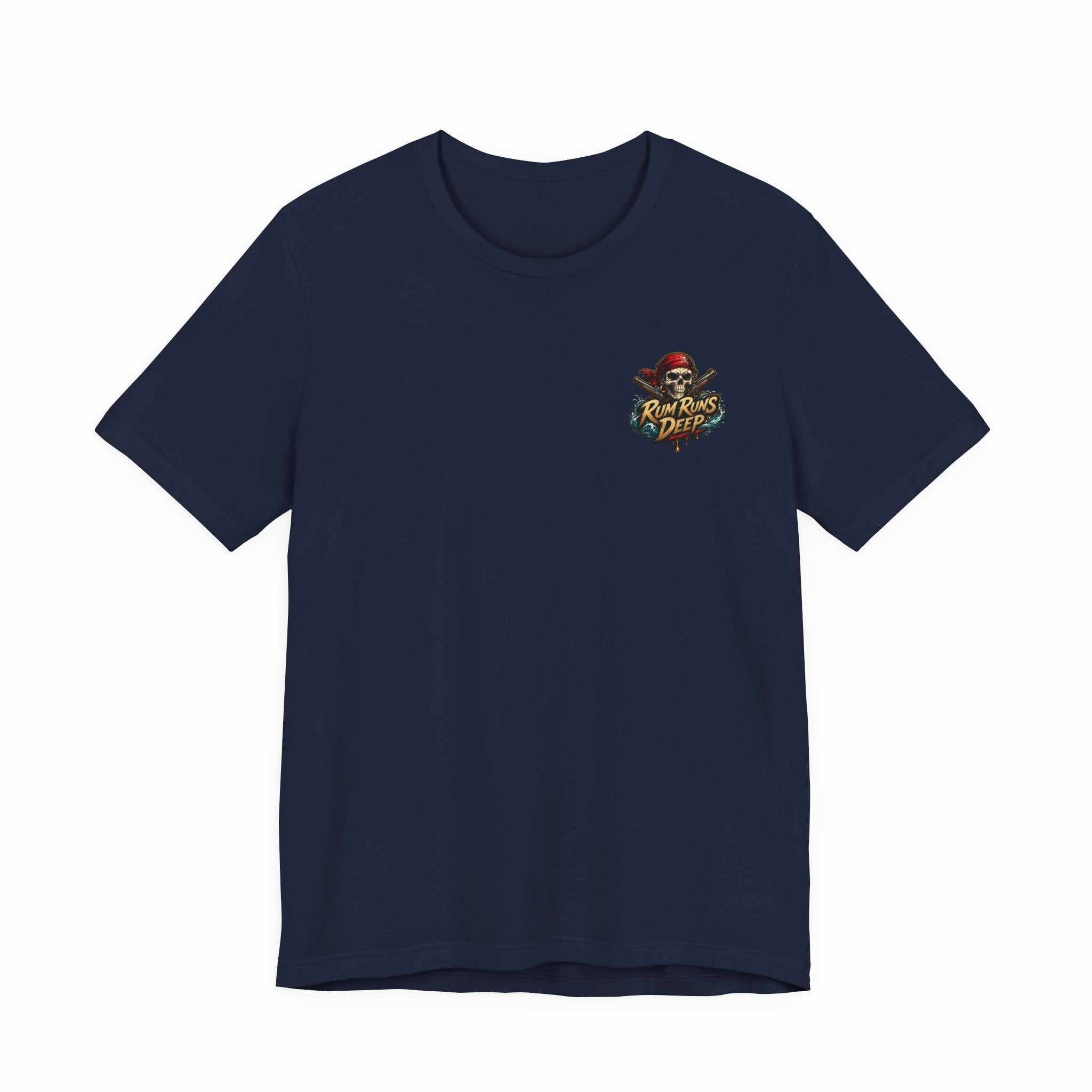 Rum Runs Deep Pirate Tee with nautical graphic and bold text on lightweight cotton, perfect for ocean lovers and beach holidays