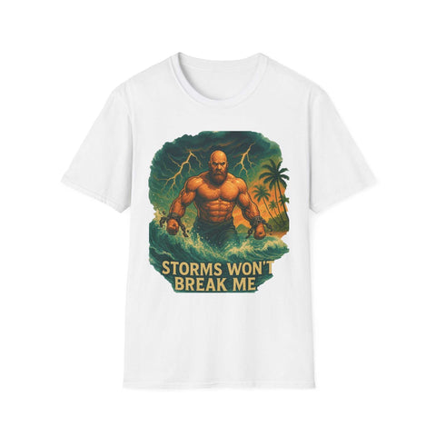Unisex T-shirt with storm-themed graphic featuring muscular figure and "Storms Won&