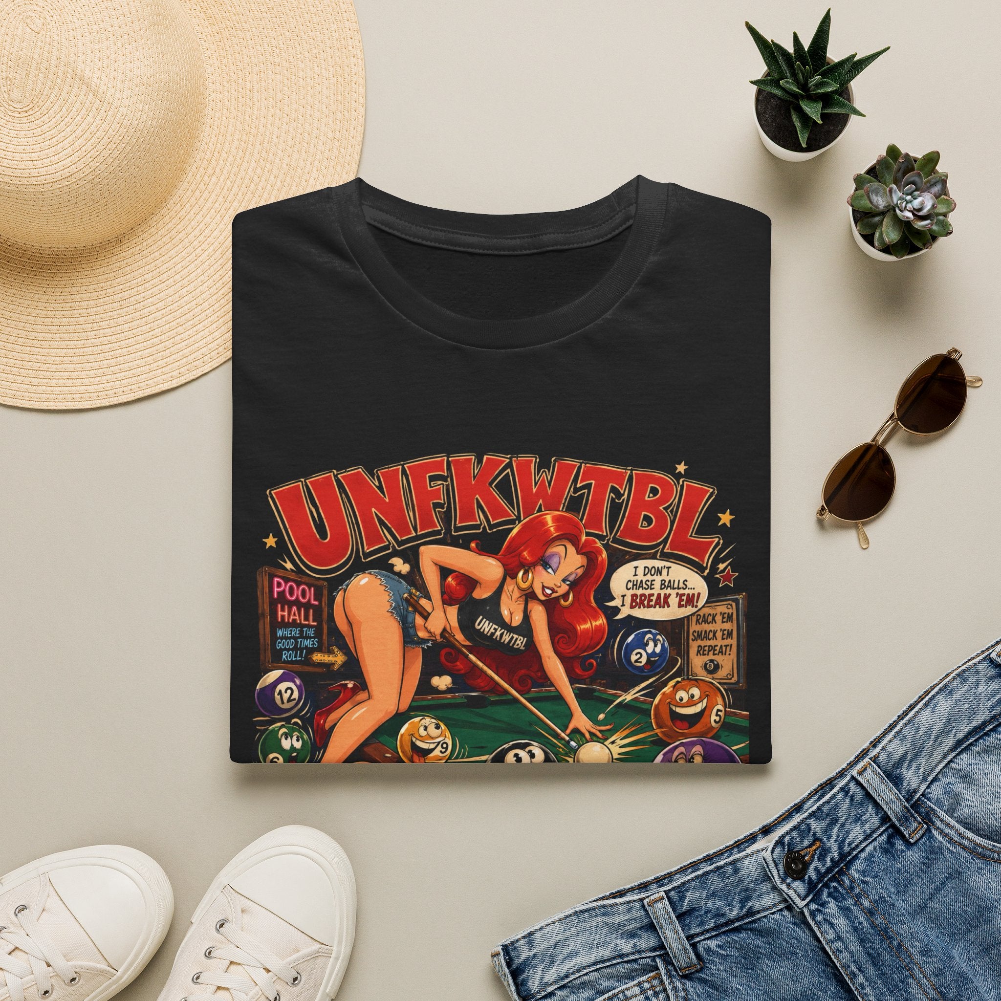 Pinup Pool Shark T-Shirt — "UNFKWTTBL" Vintage Billiards Graphic Tee