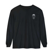 Black long sleeve t-shirt with small Celtic skull logo on chest, unisex heritage design