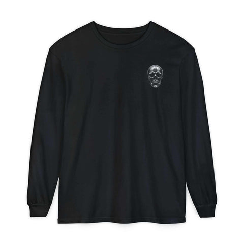Black long sleeve t-shirt with small Celtic skull logo on chest, unisex heritage design