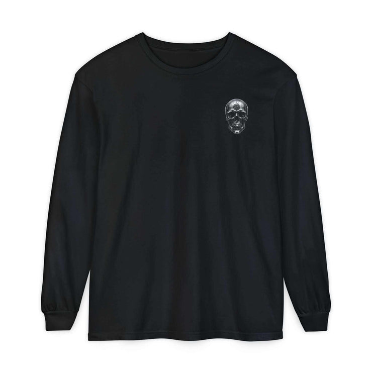 Black long sleeve t-shirt with small Celtic skull logo on chest, unisex heritage design