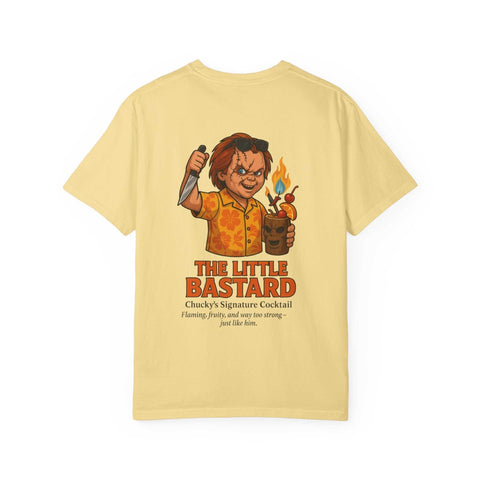 Unisex beige T-shirt with a graphic of Chucky holding a knife and a flaming cocktail labeled "The Little Bastard" with horror-themed design.