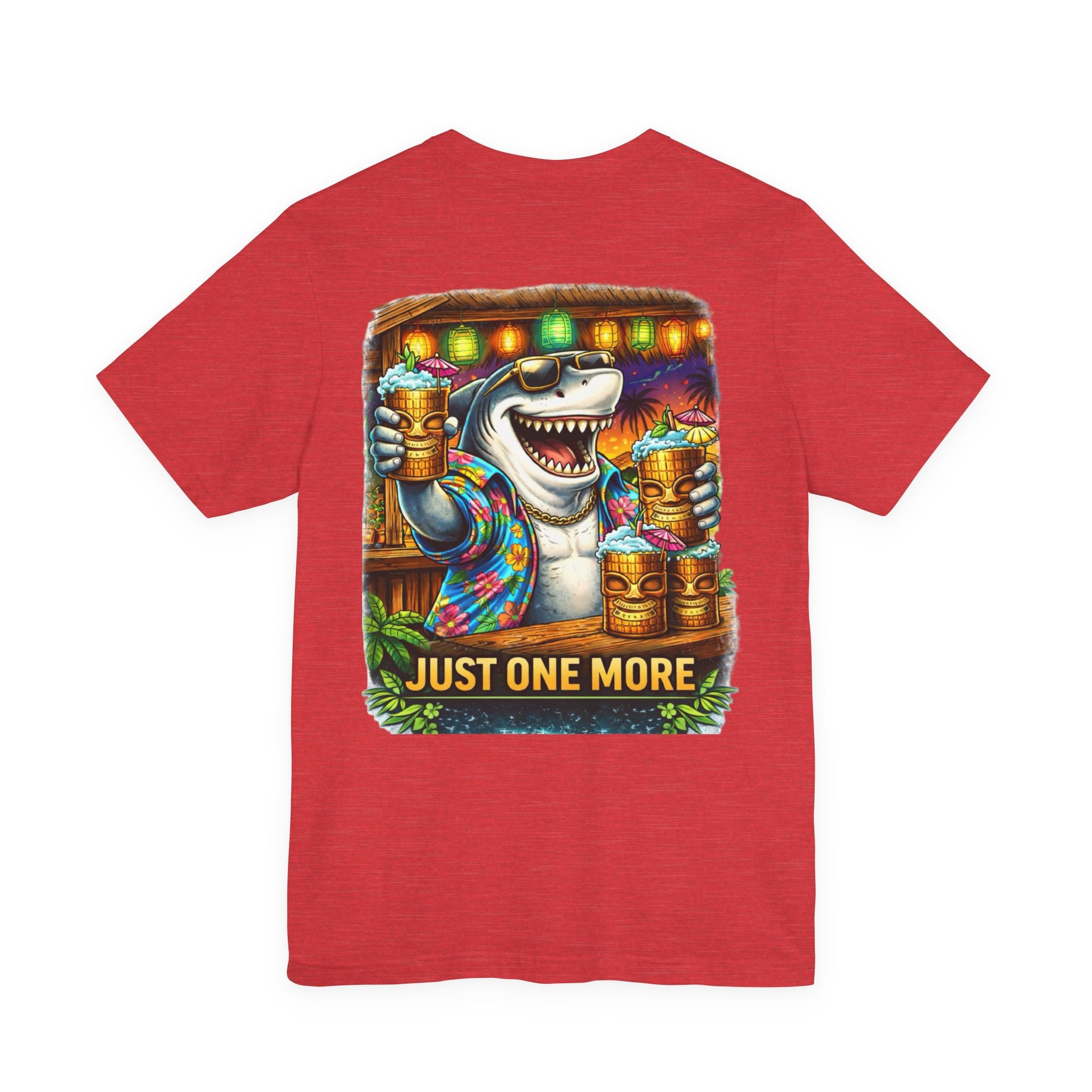 Shark Tiki Party Tee — "Just One More" Tropical Bar Graphic Shirt